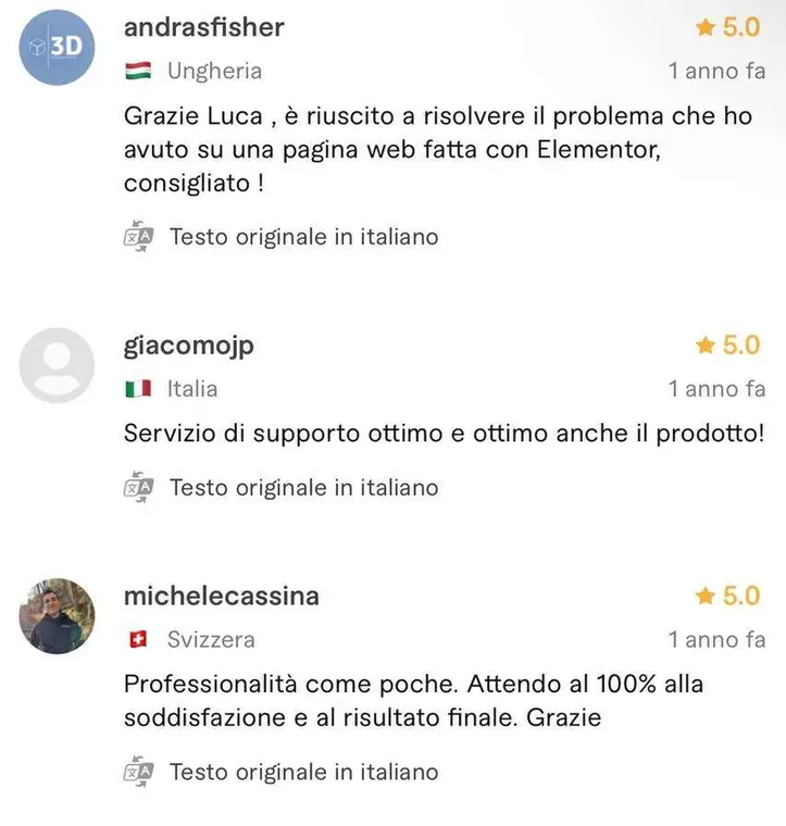 Recensione a cinque stelle pubblicata da un cliente sul profilo Fiverr di Luca Avallone
