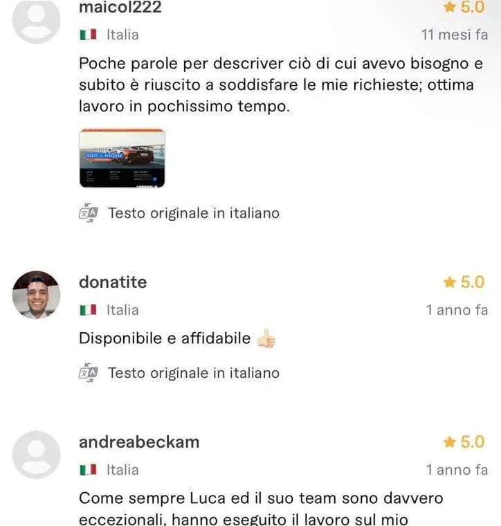 Recensione a cinque stelle pubblicata da un cliente sul profilo Fiverr di Luca Avallone