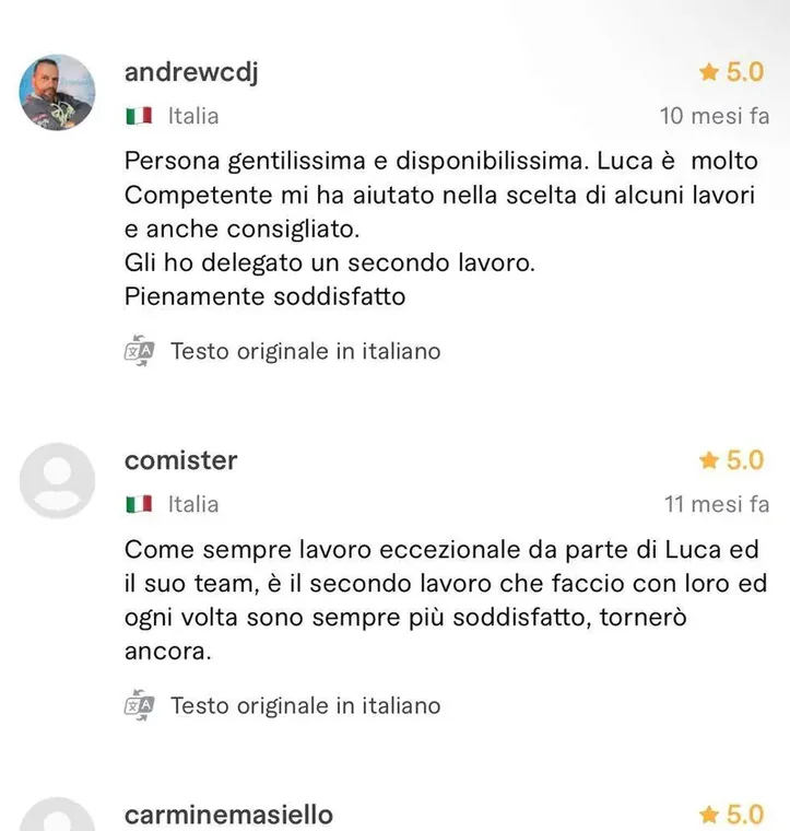 Recensione a cinque stelle pubblicata da un cliente sul profilo Fiverr di Luca Avallone