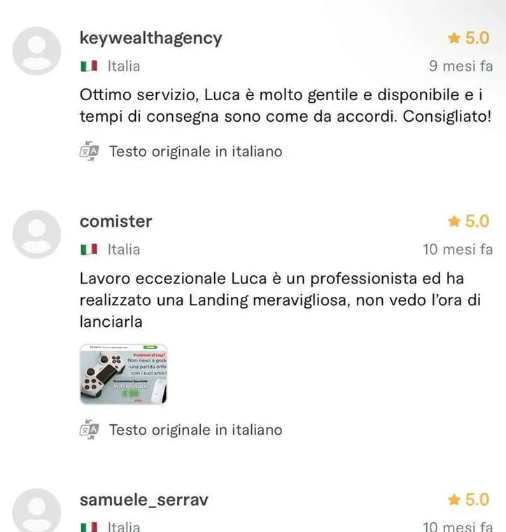 Recensione a cinque stelle pubblicata da un cliente sul profilo Fiverr di Luca Avallone