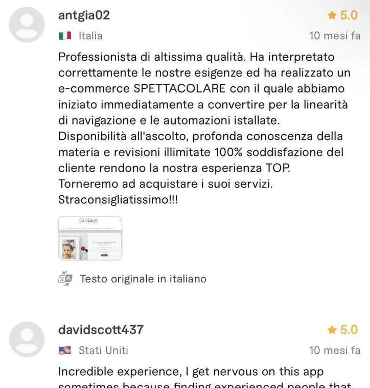 Recensione a cinque stelle pubblicata da un cliente sul profilo Fiverr di Luca Avallone
