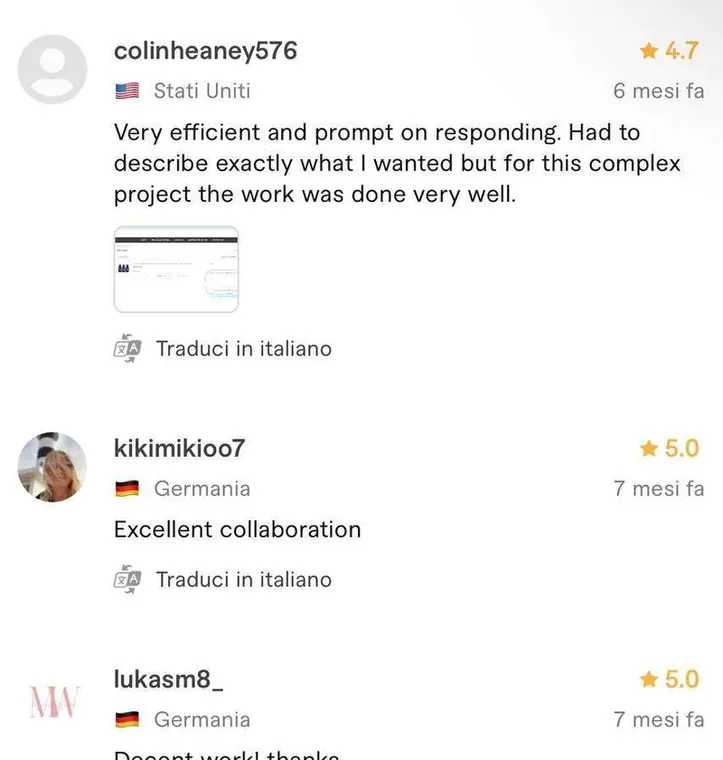 Recensione a cinque stelle pubblicata da un cliente sul profilo Fiverr di Luca Avallone