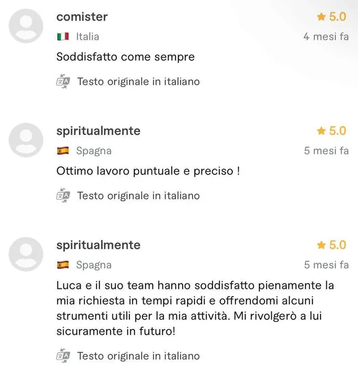 Recensione a cinque stelle pubblicata da un cliente sul profilo Fiverr di Luca Avallone