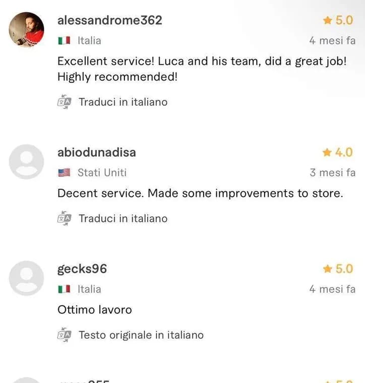 Recensione a cinque stelle pubblicata da un cliente sul profilo Fiverr di Luca Avallone