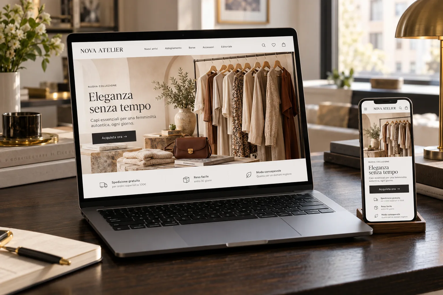 E-commerce di moda su laptop e smartphone, progettato su misura