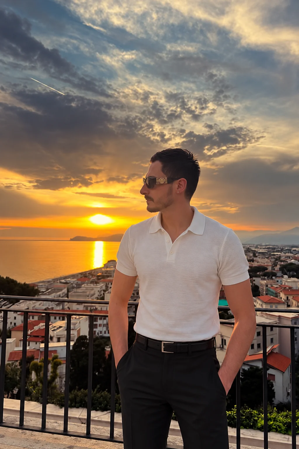 Luca Avallone su una terrazza affacciata sul mare al tramonto