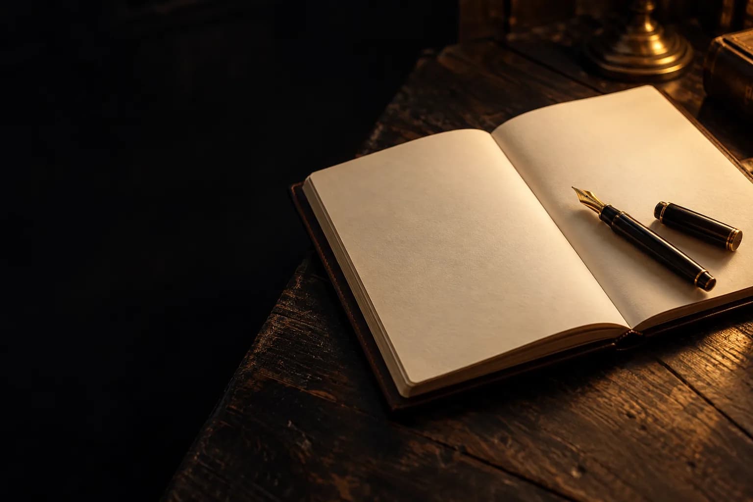 Blocco note aperto su pagine bianche con una penna stilografica, illuminato da una luce calda laterale