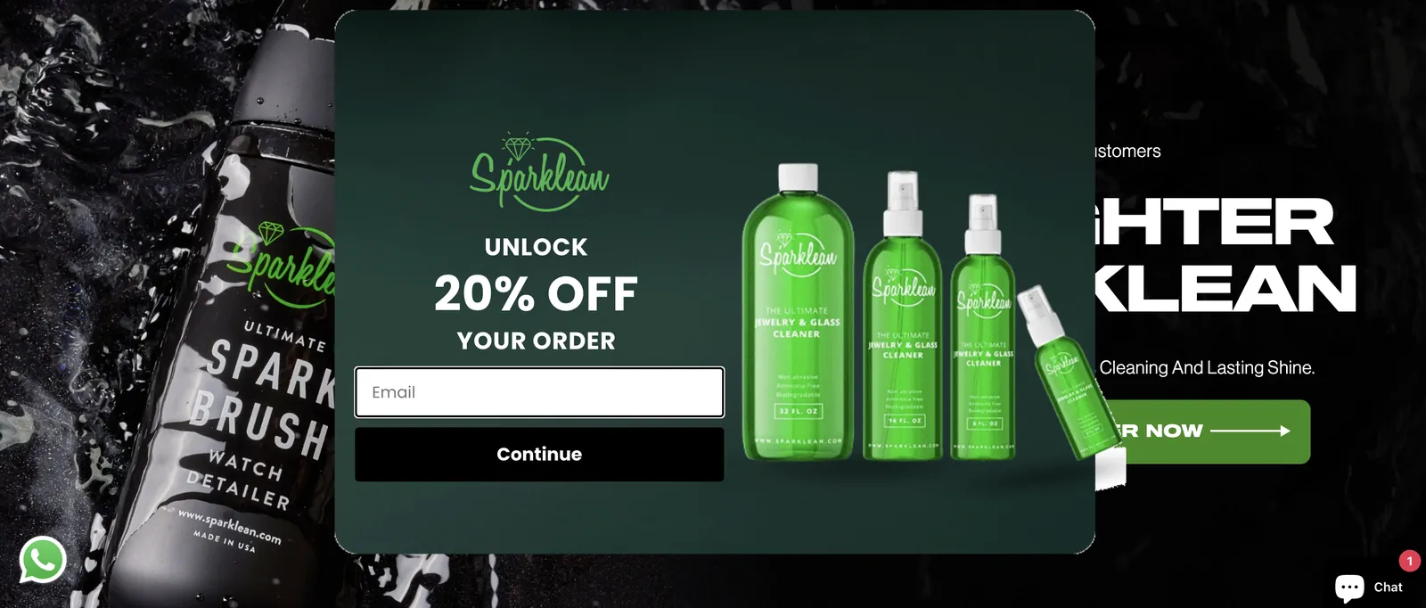 Store Shopify Sparklean con offerta di benvenuto in evidenza