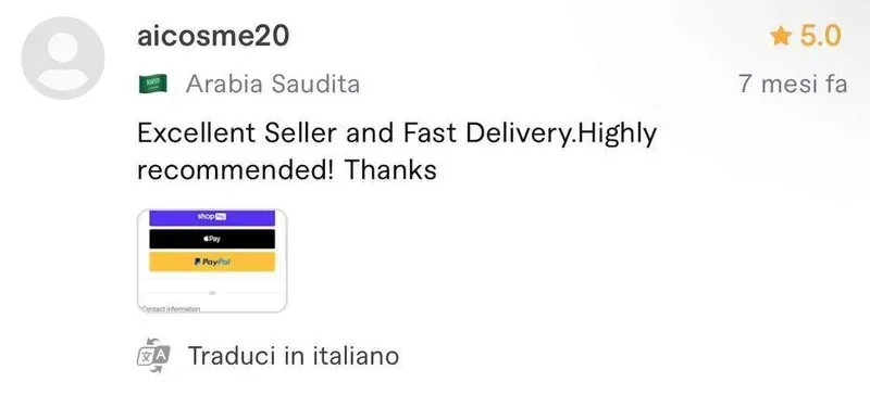 Recensione a 5 stelle di aicosme20, cliente da Arabia Saudita, sul profilo Fiverr di Luca Avallone