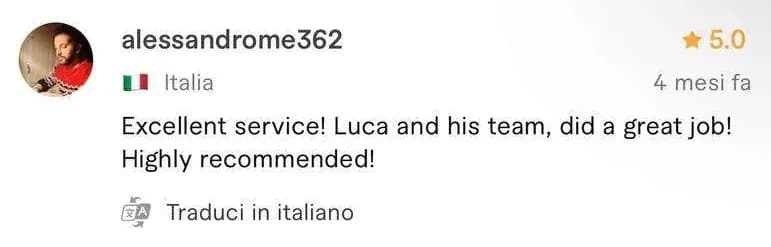 Recensione a 5 stelle di alessandrome362, cliente da Italia, sul profilo Fiverr di Luca Avallone