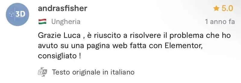 Recensione a 5 stelle di andrasfisher, cliente da Ungheria, sul profilo Fiverr di Luca Avallone