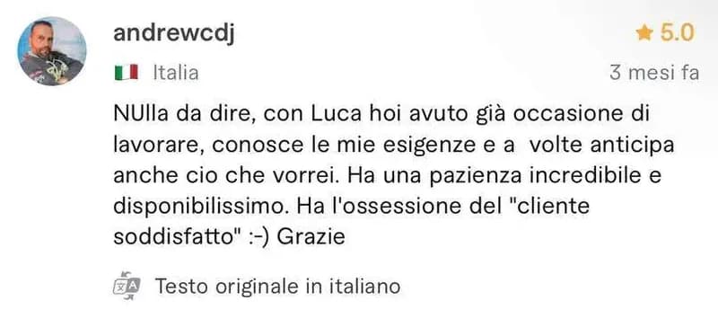 Recensione a 5 stelle di andrewcdj, cliente da Italia, sul profilo Fiverr di Luca Avallone
