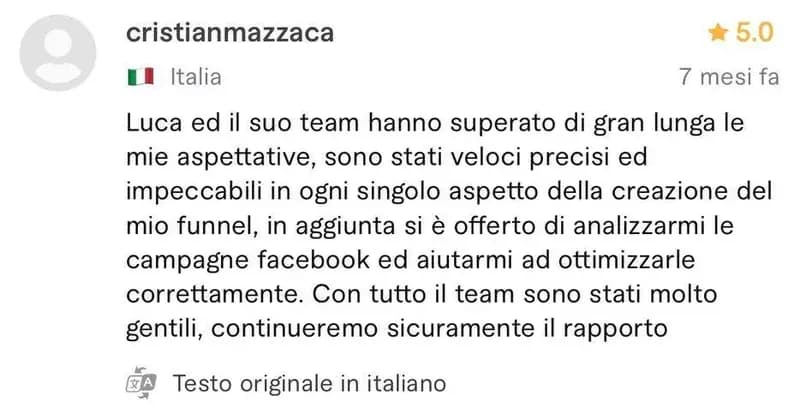 Recensione a 5 stelle di cristianmazzaca, cliente da Italia, sul profilo Fiverr di Luca Avallone