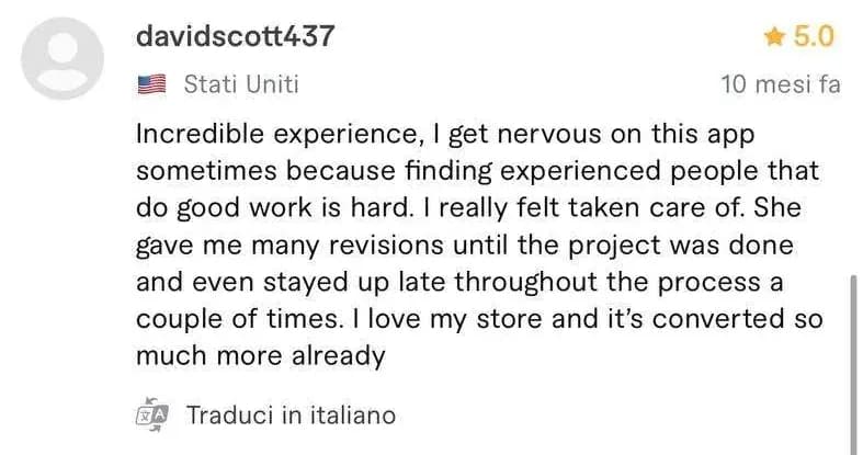 Recensione a 5 stelle di davidscott437, cliente da Stati Uniti, sul profilo Fiverr di Luca Avallone
