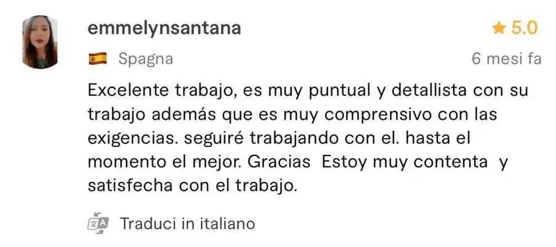 Recensione a 5 stelle di emmelynsantana, cliente da Spagna, sul profilo Fiverr di Luca Avallone