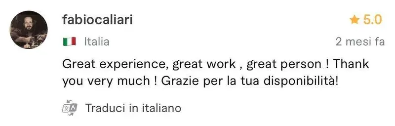 Recensione a 5 stelle di fabiocaliari, cliente da Italia, sul profilo Fiverr di Luca Avallone