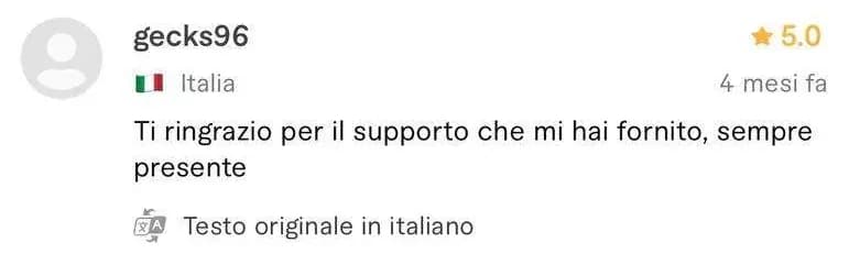 Recensione a 5 stelle di gecks96, cliente da Italia, sul profilo Fiverr di Luca Avallone