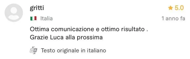 Recensione a 5 stelle di gritti, cliente da Italia, sul profilo Fiverr di Luca Avallone