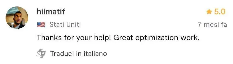 Recensione a 5 stelle di hiimatif, cliente da Stati Uniti, sul profilo Fiverr di Luca Avallone