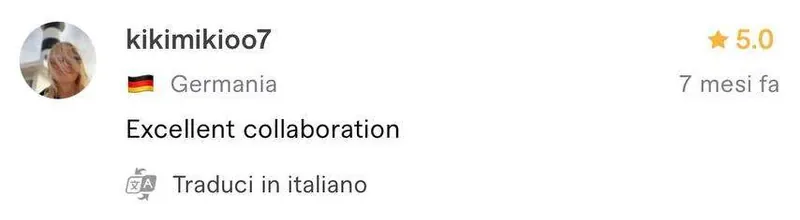 Recensione a 5 stelle di kikimikioo7, cliente da Germania, sul profilo Fiverr di Luca Avallone