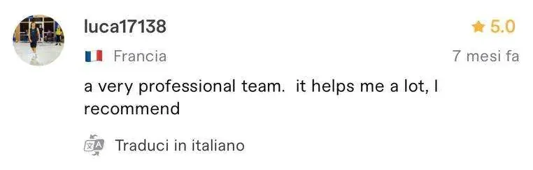 Recensione a 5 stelle di luca17138, cliente da Francia, sul profilo Fiverr di Luca Avallone