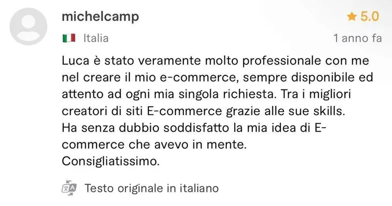 Recensione a 5 stelle di michelcamp, cliente da Italia, sul profilo Fiverr di Luca Avallone