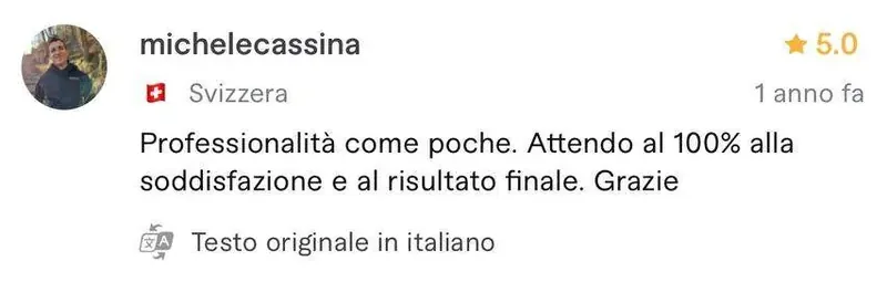 Recensione a 5 stelle di michelecassina, cliente da Svizzera, sul profilo Fiverr di Luca Avallone