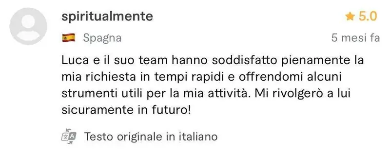 Recensione a 5 stelle di spiritualmente, cliente da Spagna, sul profilo Fiverr di Luca Avallone